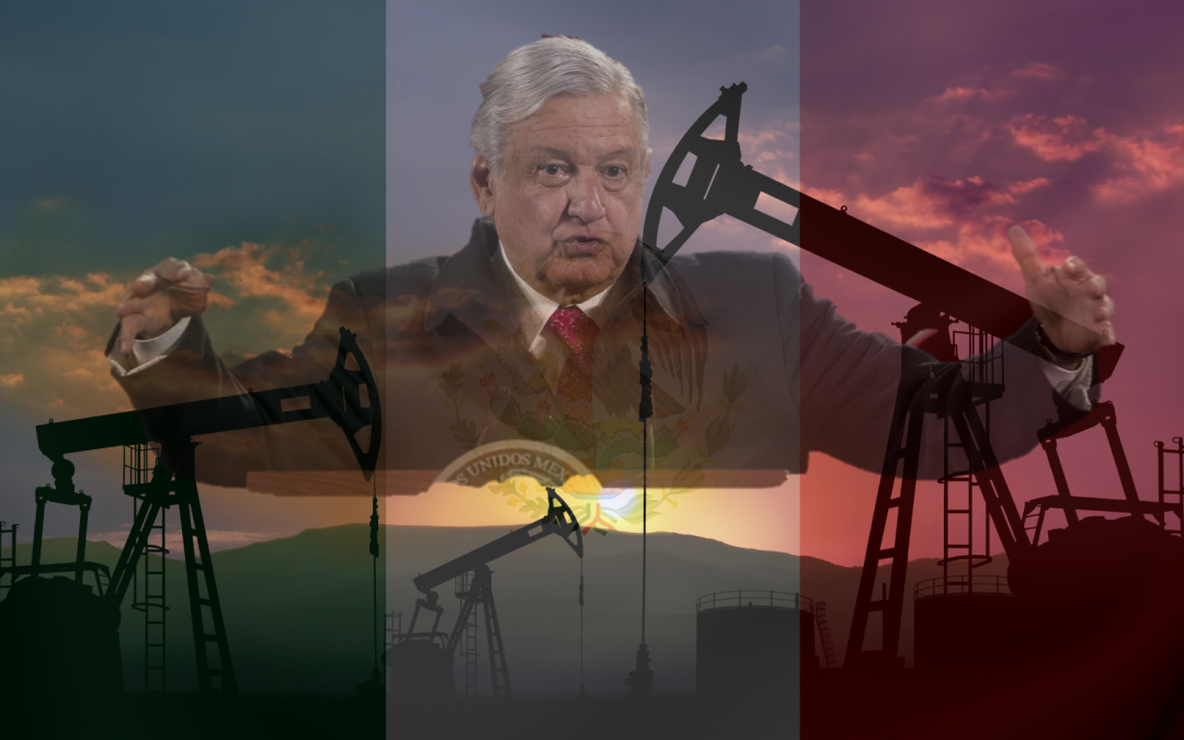 President AMLO of Mexico with the Mexican Flag and Oil Pumps