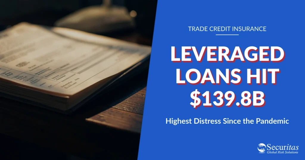 AI-generated editorial photo of a stacked loan ledger on a dark wood desk, illustrating leveraged loan distress