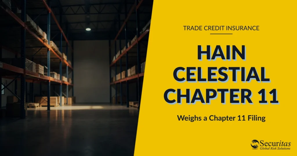 AI-generated editorial photo of an empty warehouse aisle with stacked pallets, illustrating supplier exposure to a Hain Celestial Chapter 11 filing