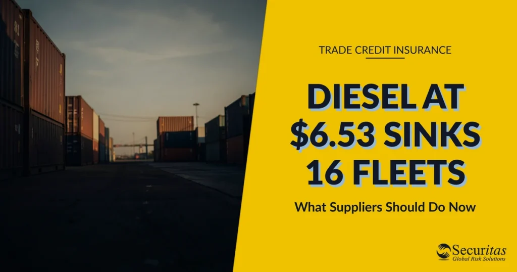 AI-generated editorial photo of a dim shipping container yard at dusk, representing the trucking bankruptcy wave tied to record diesel prices